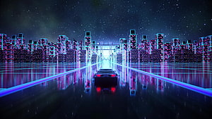 Retro-Futuristic Cyber City Highway with Neon Grid and Starry Sky HD wallpaper