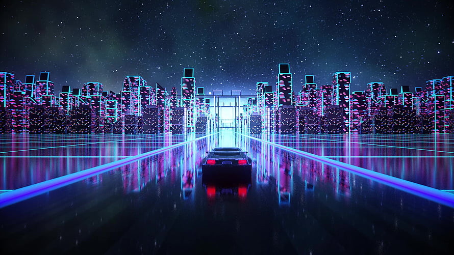 Retro-Futuristic Cyber City Highway with Neon Grid and Starry Sky HD wallpaper