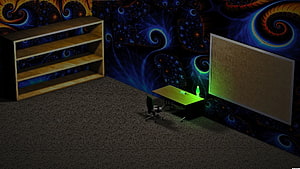 3D Rendered Office Room with Fractal Wallpaper, Wooden Desk, and Bookcase HD wallpaper
