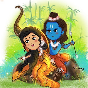 Cute Chibi Lord Shiva and Sati Sitting in a Lush Green Forest with Bow and Arrow HD phone wallpaper