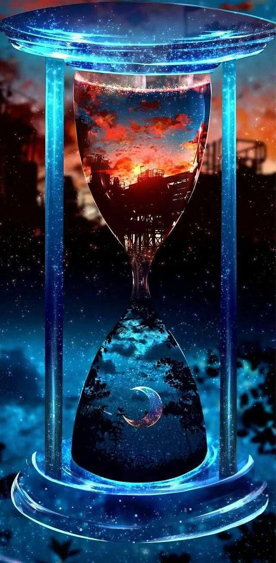 Magical Hourglass With Sunset And Moonlit Night Sky Inside HD phone wallpaper