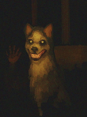 Creepy Grinning Dog with Glowing Eyes in Dark Room HD phone wallpaper