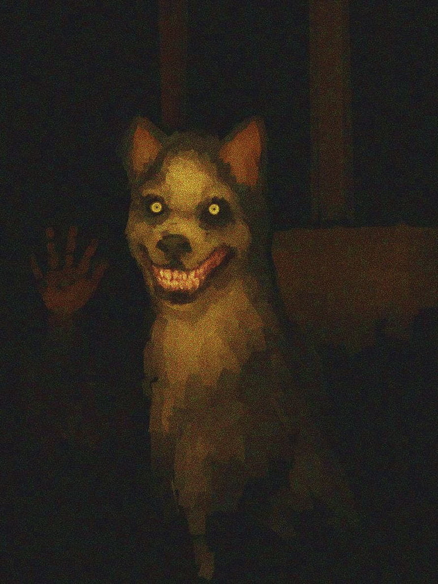 Creepy Grinning Dog with Glowing Eyes in Dark Room HD phone wallpaper