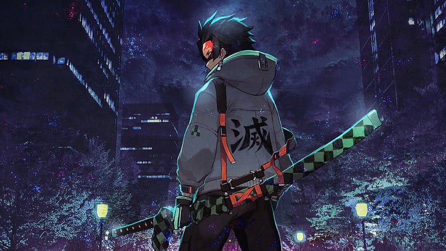 Tanjiro Kamado in Modern Streetwear with Nichirin Sword in Neon City HD wallpaper
