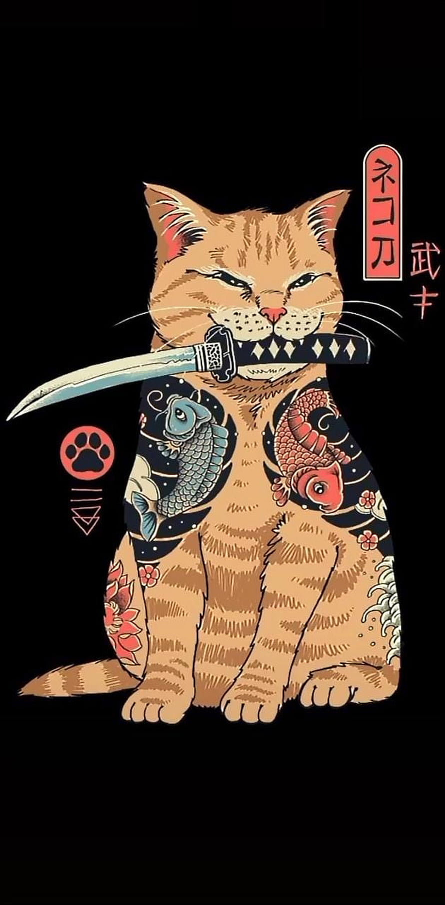 Japanese Irezumi Style Cat Holding Katana Sword with Koi Fish Tattoos on Black Background HD phone wallpaper