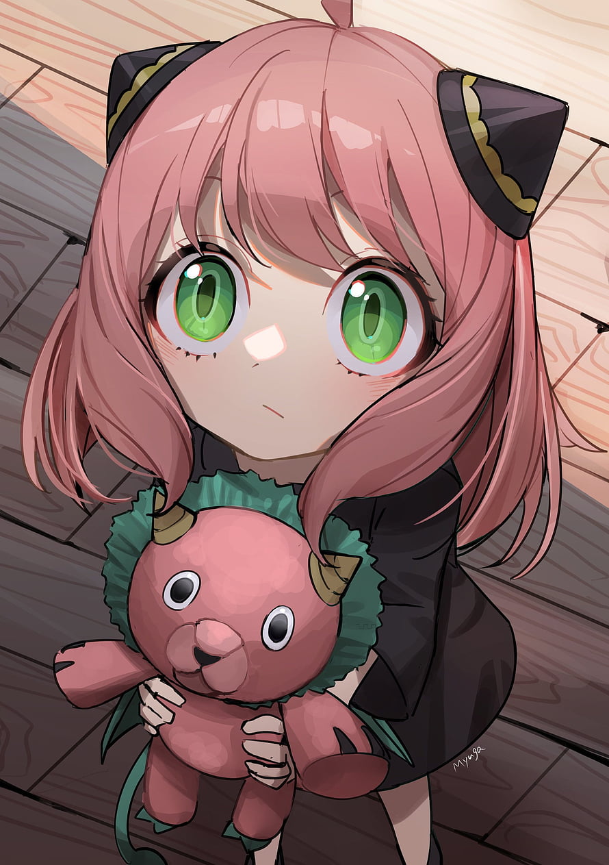 Anya Forger from Spy x Family holding a plush toy in a cute anime illustration HD phone wallpaper