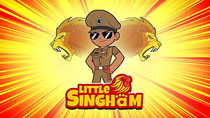Little Singham cartoon character in police uniform with sunglasses and lion heads background HD wallpaper