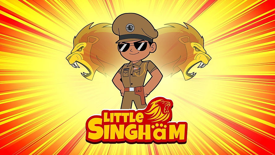 Little Singham cartoon character in police uniform with sunglasses and lion heads background HD wallpaper