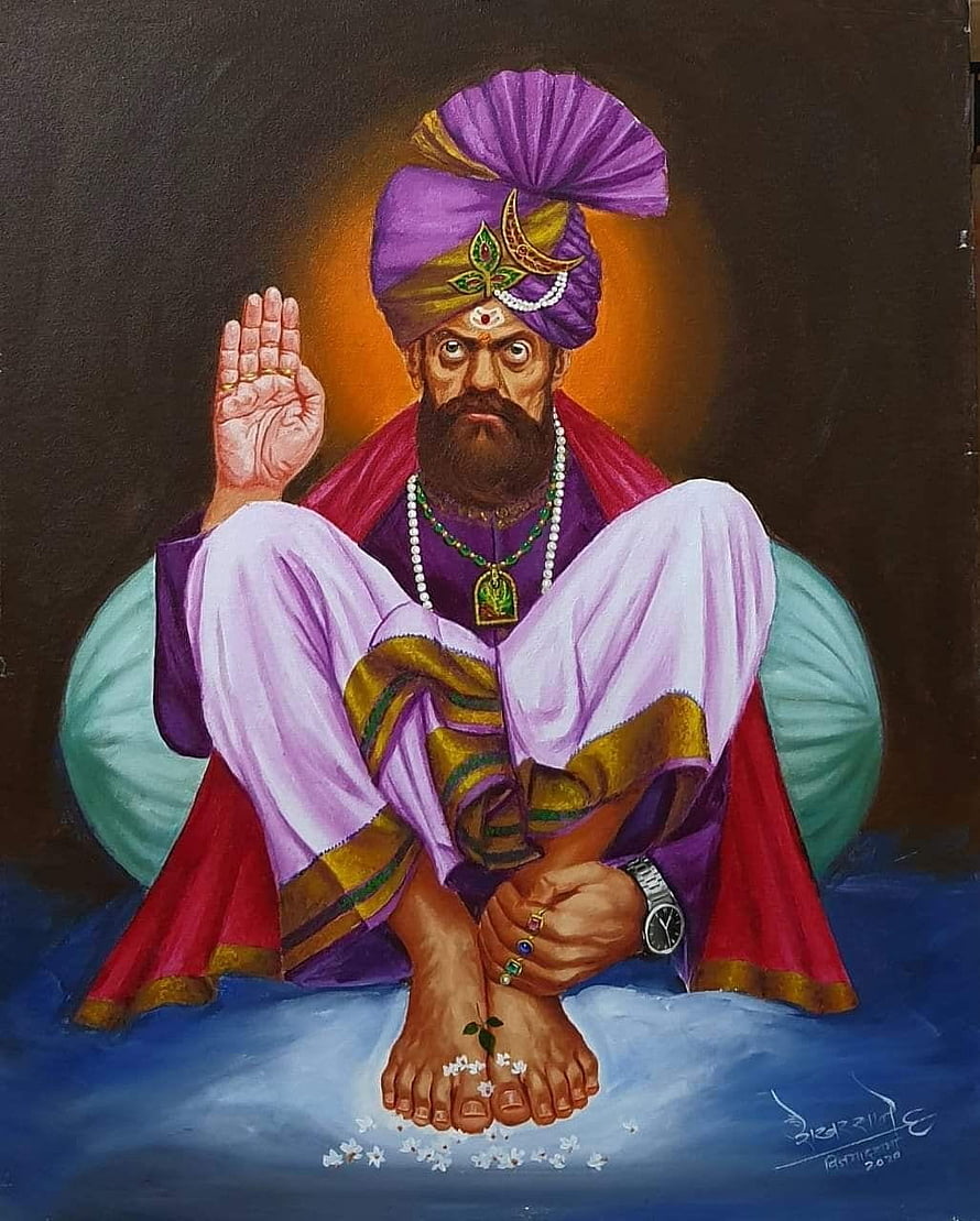 Portrait of Chhatrapati Shivaji Maharaj in Purple Turban and Royal Attire HD phone wallpaper