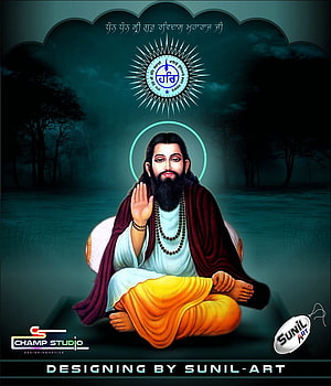 Guru Nanak Dev Ji sitting in meditation with raised hand blessing gesture, spiritual portrait with glowing halo and Khanda symbol in dark forest background HD phone wallpaper