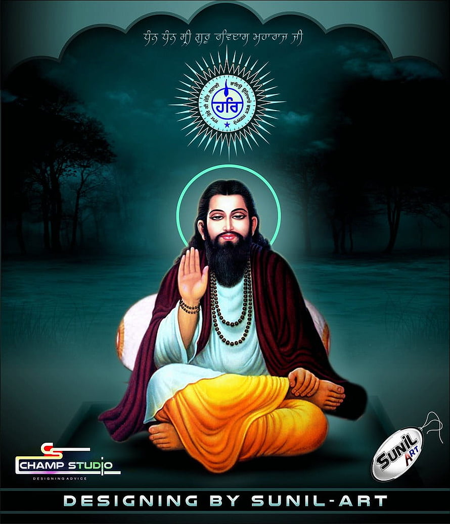 Guru Nanak Dev Ji sitting in meditation with raised hand blessing gesture, spiritual portrait with glowing halo and Khanda symbol in dark forest background HD phone wallpaper