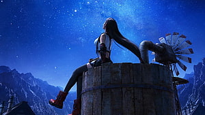 Tifa Lockhart from Final Fantasy 7 Remake Sitting on a Windmill Tower Under a Starry Night Sky HD wallpaper