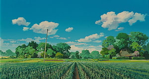 Studio Ghibli Style Animated Countryside Landscape With Green Fields And Blue Sky HD wallpaper