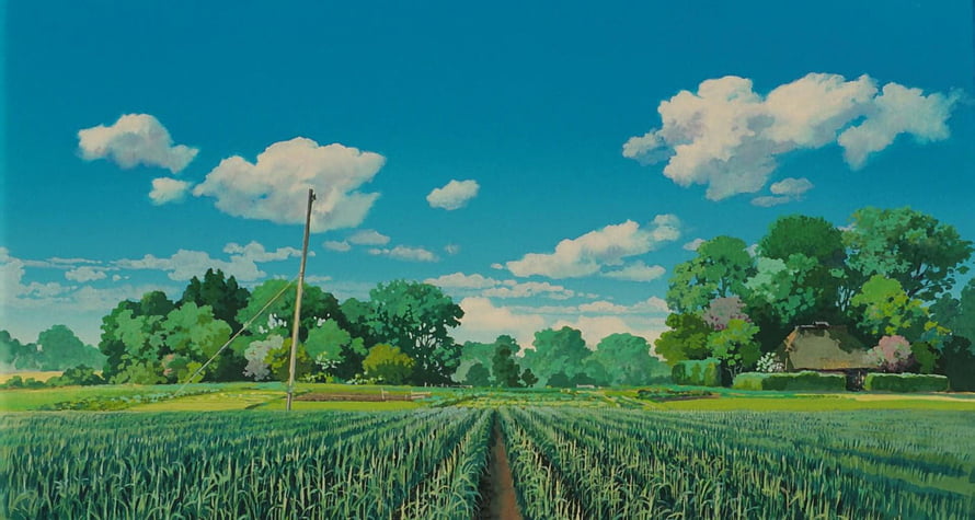 Studio Ghibli Style Animated Countryside Landscape With Green Fields And Blue Sky HD wallpaper
