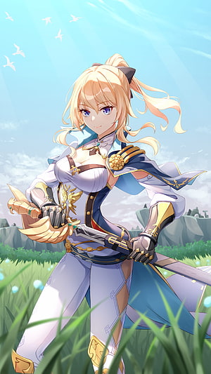 Jean from Genshin Impact Standing in a Sunny Meadow with Sword and Blue Sky HD phone wallpaper