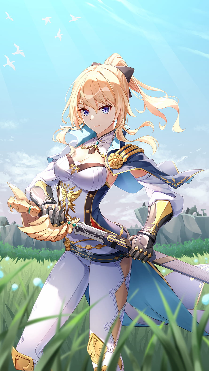 Jean from Genshin Impact Standing in a Sunny Meadow with Sword and Blue Sky HD phone wallpaper