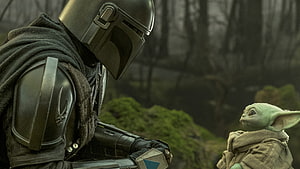 The Mandalorian and Grogu in a Misty Forest Scene HD wallpaper