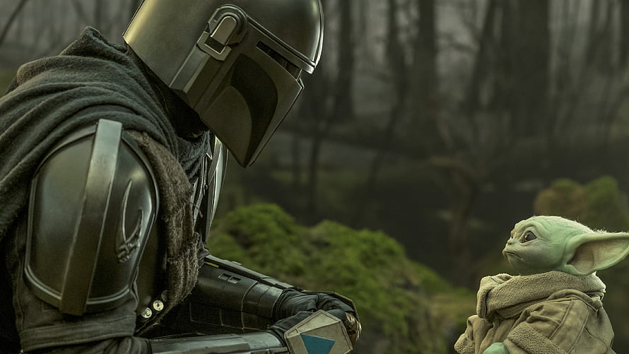 The Mandalorian and Grogu in a Misty Forest Scene HD wallpaper