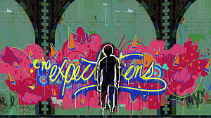 Silhouette of a person standing before vibrant graffiti art spelling expectations on a colorful urban wall HD wallpaper
