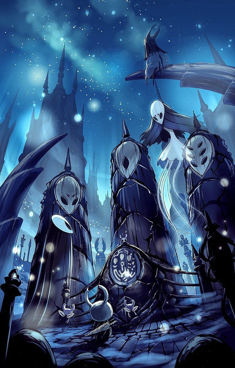 Hollow Knight Pale King and Ghosts in the Deep Docks Under a Starlit Sky HD phone wallpaper