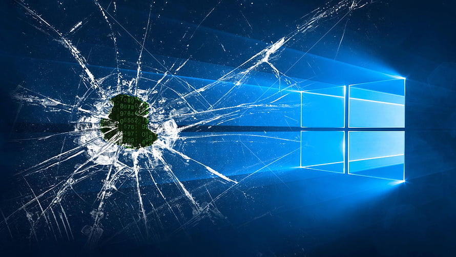 Windows 10 Desktop Background With Shattered Glass And Digital Code Overlay HD wallpaper