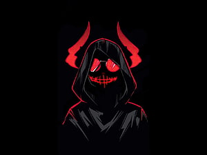 Dark Hooded Demon Figure With Glowing Red Horns And Stitched Smile HD wallpaper