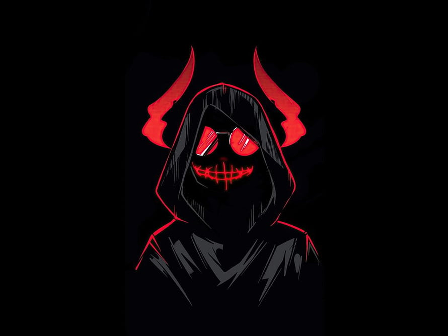 Dark Hooded Demon Figure With Glowing Red Horns And Stitched Smile HD wallpaper