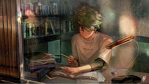 Anime Boy Studying at Desk on Rainy Night with Warm Lamp Light HD wallpaper