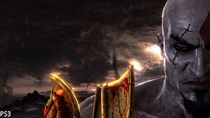 Kratos from God of War 3 in a dark stormy landscape with glowing golden armor and blood-stained blades HD wallpaper