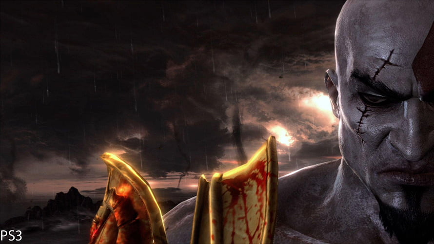 Kratos from God of War 3 in a dark stormy landscape with glowing golden armor and blood-stained blades HD wallpaper