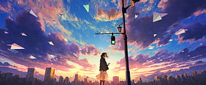 Anime Girl Under Traffic Light With Paper Planes Against Sunset City Skyline HD wallpaper