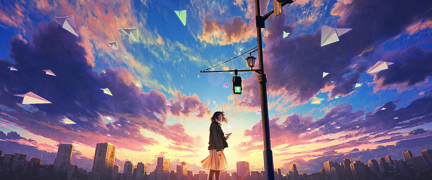 Anime Girl Under Traffic Light With Paper Planes Against Sunset City Skyline HD wallpaper