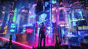 Cyberpunk Cityscape with Skateboarder and Neon Lights HD wallpaper