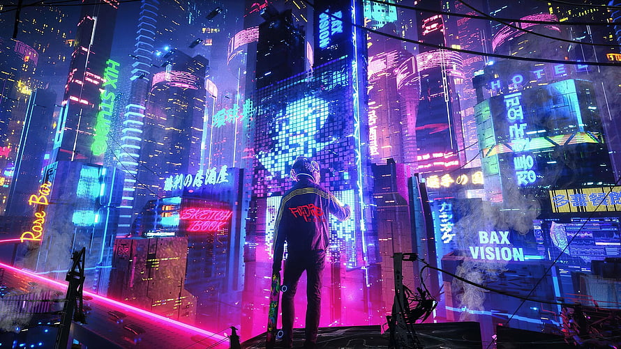 Cyberpunk Cityscape with Skateboarder and Neon Lights HD wallpaper