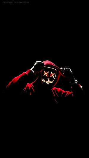Hooded Figure Pulling Down Glowing X-Eye Mask in Dark Red Suit HD phone wallpaper