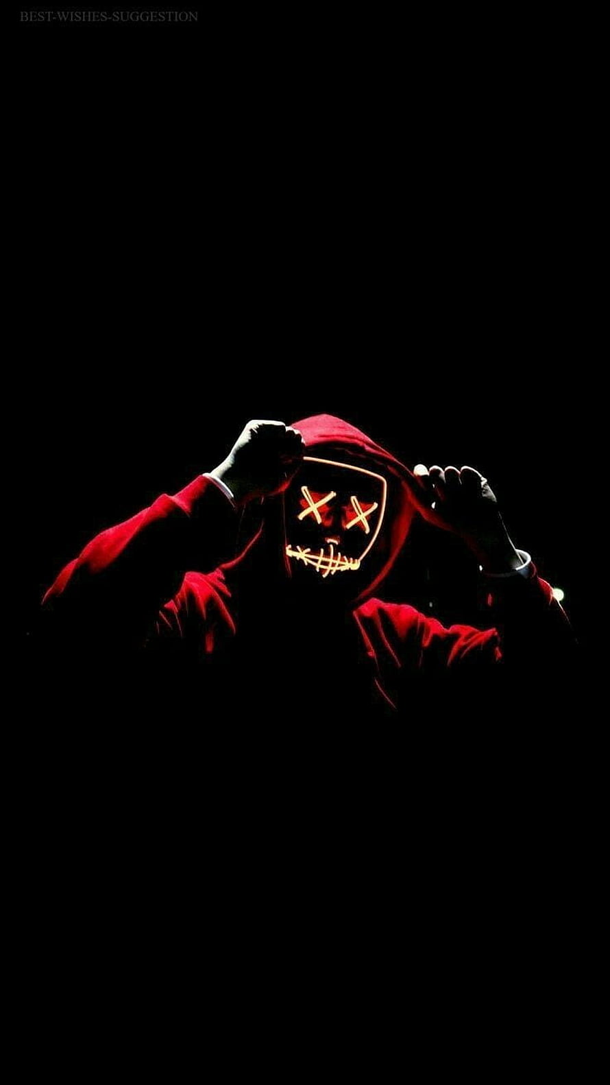 Hooded Figure Pulling Down Glowing X-Eye Mask in Dark Red Suit HD phone wallpaper
