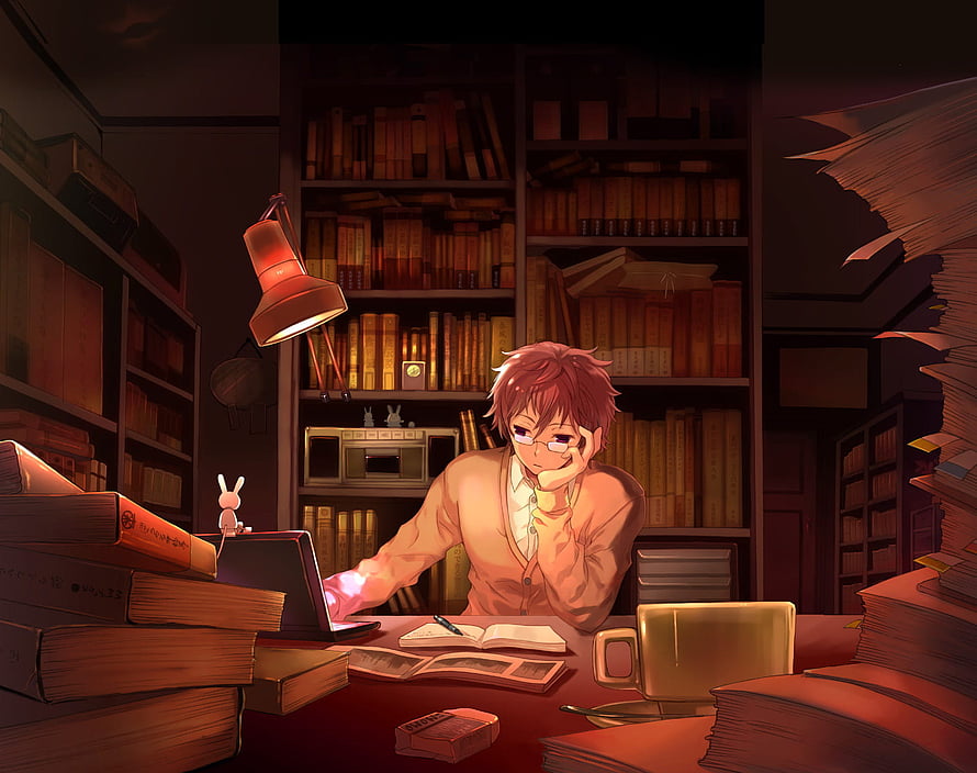 Anime Boy Studying Late at Night in a Cozy Library with Warm Lamp Light HD wallpaper