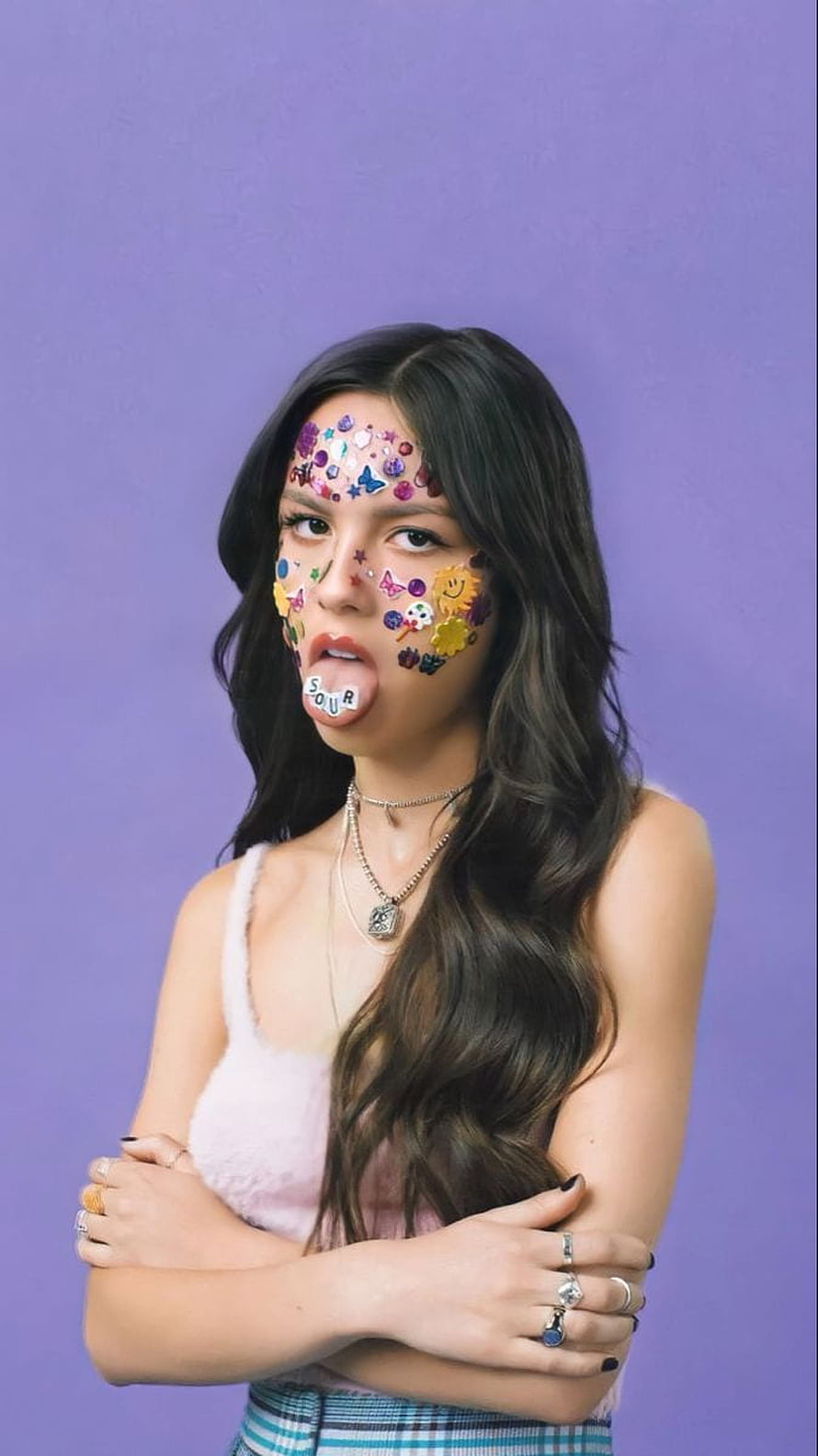 Olivia Rodrigo Sour Album Portrait With Colorful Face Stickers And Purple Background HD phone wallpaper