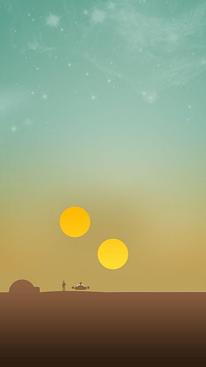 Minimalist Star Wars desert landscape with twin suns and distant traveler silhouette HD phone wallpaper