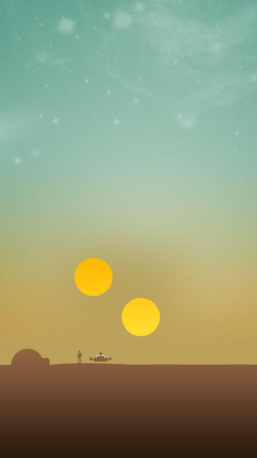 Minimalist Star Wars desert landscape with twin suns and distant traveler silhouette HD phone wallpaper