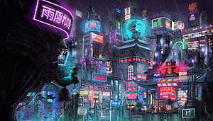 Amegakure Rain Village Neon Cityscape in Naruto Anime Style HD wallpaper