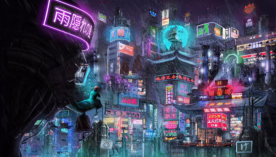 Amegakure Rain Village Neon Cityscape in Naruto Anime Style HD wallpaper