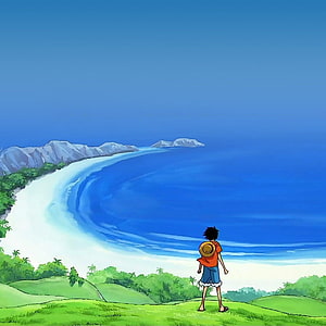 Luffy Gazing at Tropical Coastline in One Piece Anime Style HD phone wallpaper