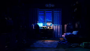 Moody Digital Bedroom Scene with Rainy Window and Glowing Computer Desk HD wallpaper