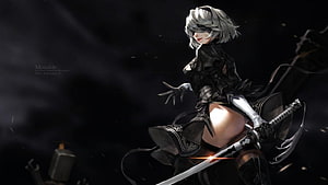 2B from NieR: Automata in a dynamic combat pose with katana against a dark background HD wallpaper