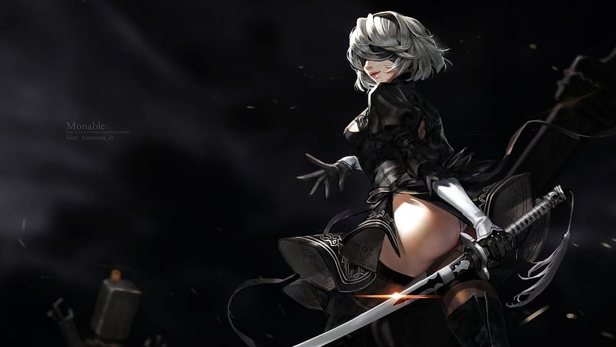 2B from NieR: Automata in a dynamic combat pose with katana against a dark background HD wallpaper