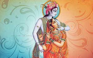 Radha Krishna Playing Flute in Traditional Indian Art Style HD wallpaper