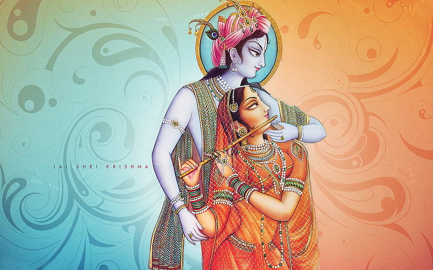 Radha Krishna Playing Flute in Traditional Indian Art Style HD wallpaper