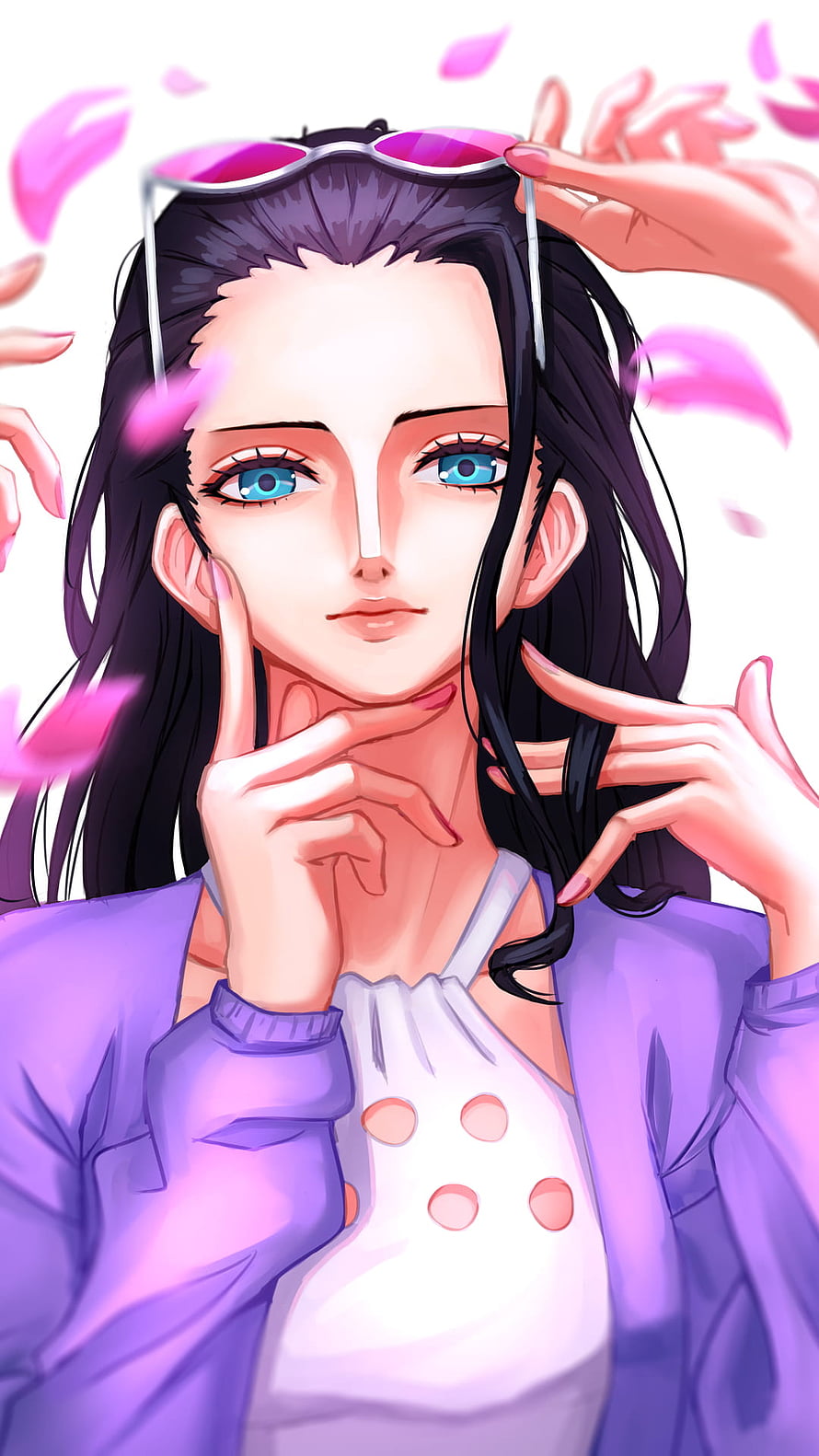 Nico Robin Anime Portrait with Sunglasses and Floating Pink Petals HD phone wallpaper