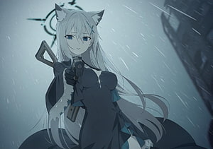 Anime Girl with Wolf Ears Holding a Gun in the Rain HD wallpaper